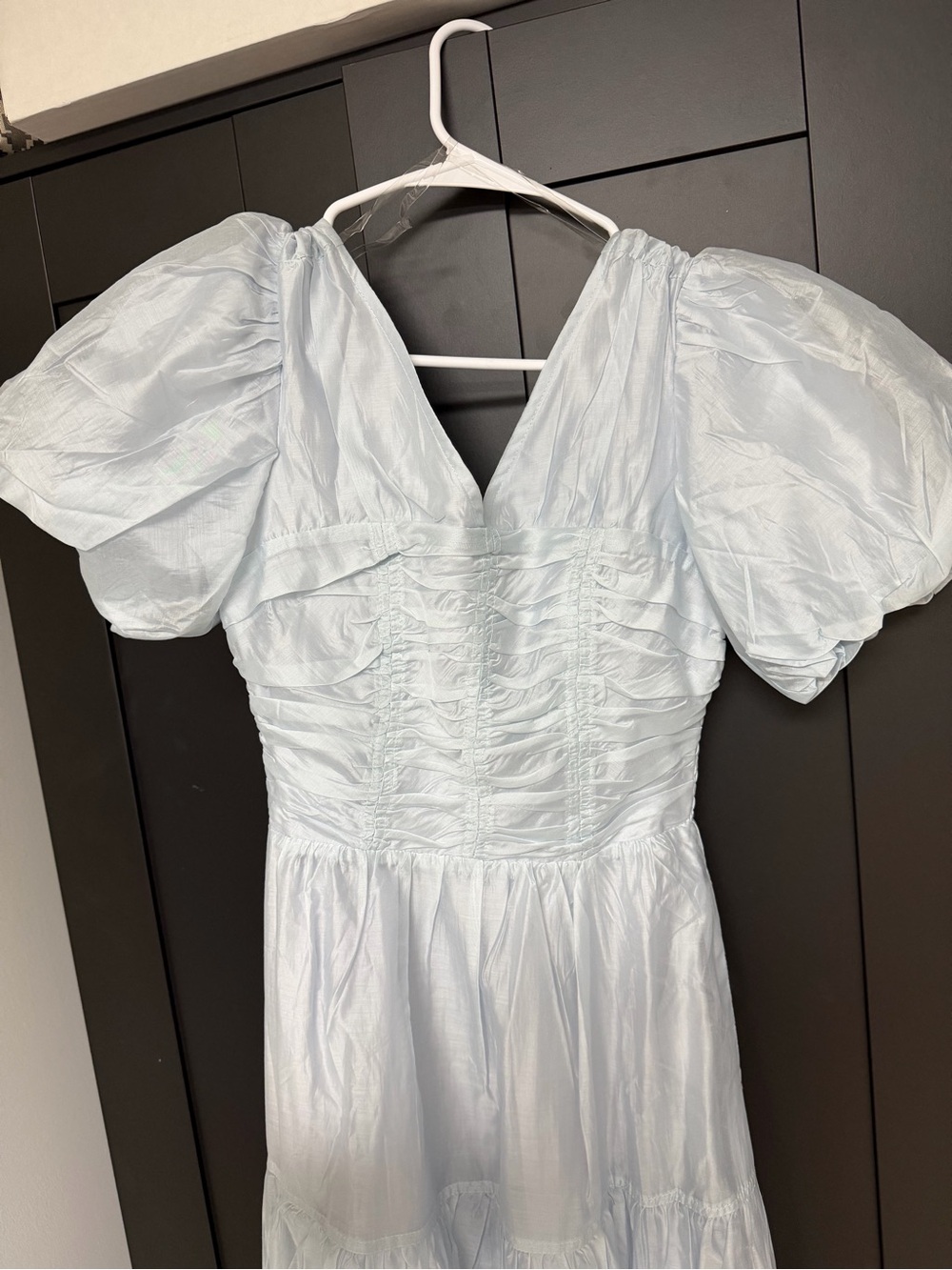 Light Blue Puff-Sleeve Tiered Maxi Dress